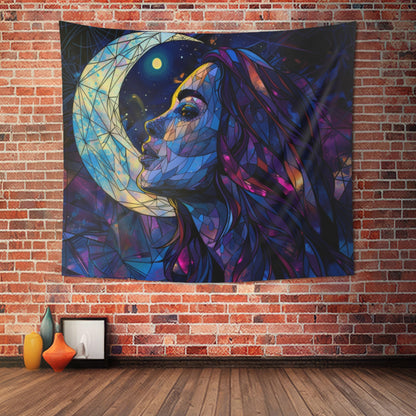 Starry-Eyed Lunar Goddess Stained Glass Wall Tapestry, Celestial Charm Decor, Enigmatic Beauty for Contemplative & Mystical Spaces