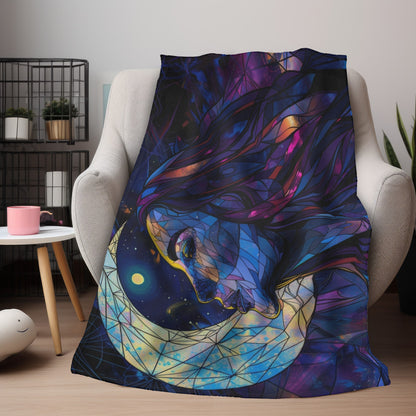 Moonlit Muse Stained Glass Double-Sided Throw Blanket, Lunar Goddess Illustration, Mystical Comfort for Nights & Cozy Spaces