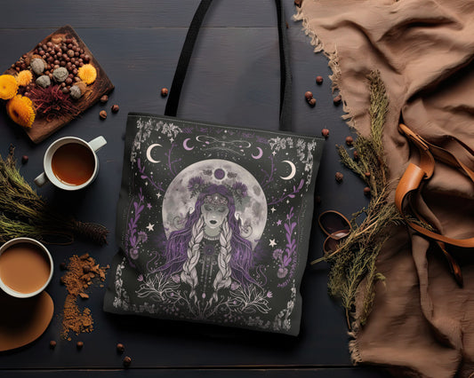 Purple Lunar Goddess Double Sided Tote Bag – Dark Cottagecore Charm with Black Handles, A Moon Admirer's Dream Accessory