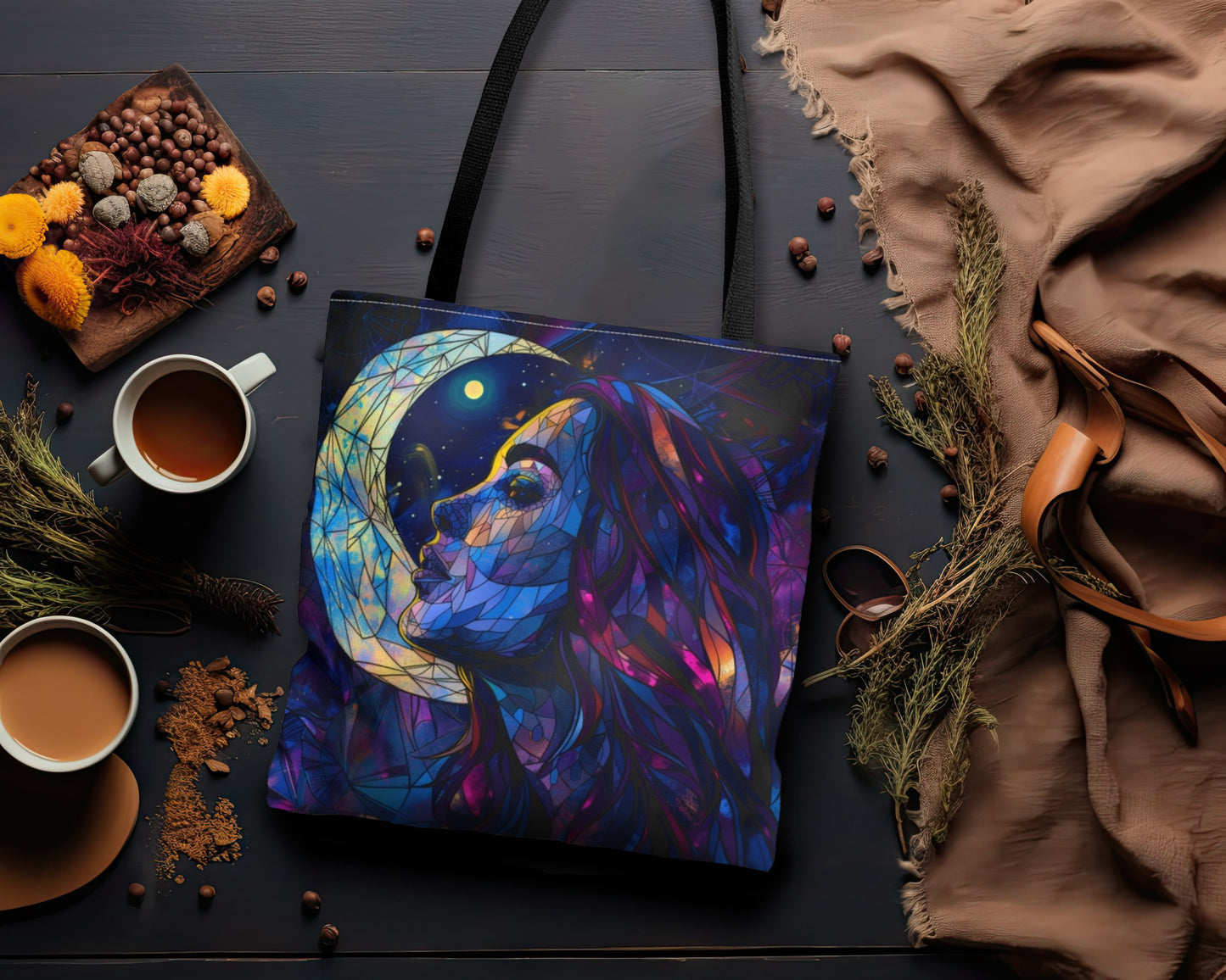 Celestial Lunar Goddess Stained Glass Tote Bag, Ethereal Night Sky Design, Artistic Carryall with Black Handles for Daily Use & Inspiration