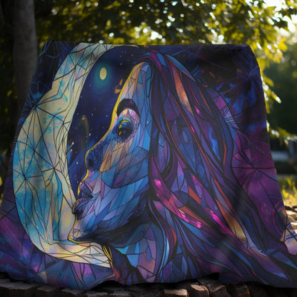 Moonlit Muse Stained Glass Double-Sided Throw Blanket, Lunar Goddess Illustration, Mystical Comfort for Nights & Cozy Spaces