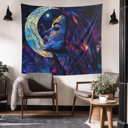 Starry-Eyed Lunar Goddess Stained Glass Wall Tapestry, Celestial Charm Decor, Enigmatic Beauty for Contemplative & Mystical Spaces