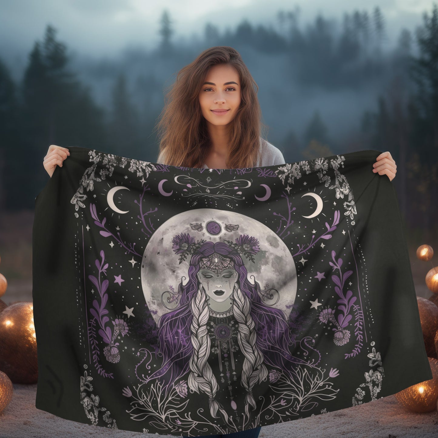 Lunar Goddess Reversible Comfort Throw, Enchanted Occult Motif, Ideal for Nature and Moon Aficionados, Magical Home and Lounge Accent