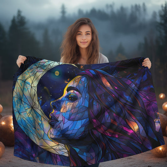 Moonlit Muse Stained Glass Double-Sided Throw Blanket, Lunar Goddess Illustration, Mystical Comfort for Nights & Cozy Spaces