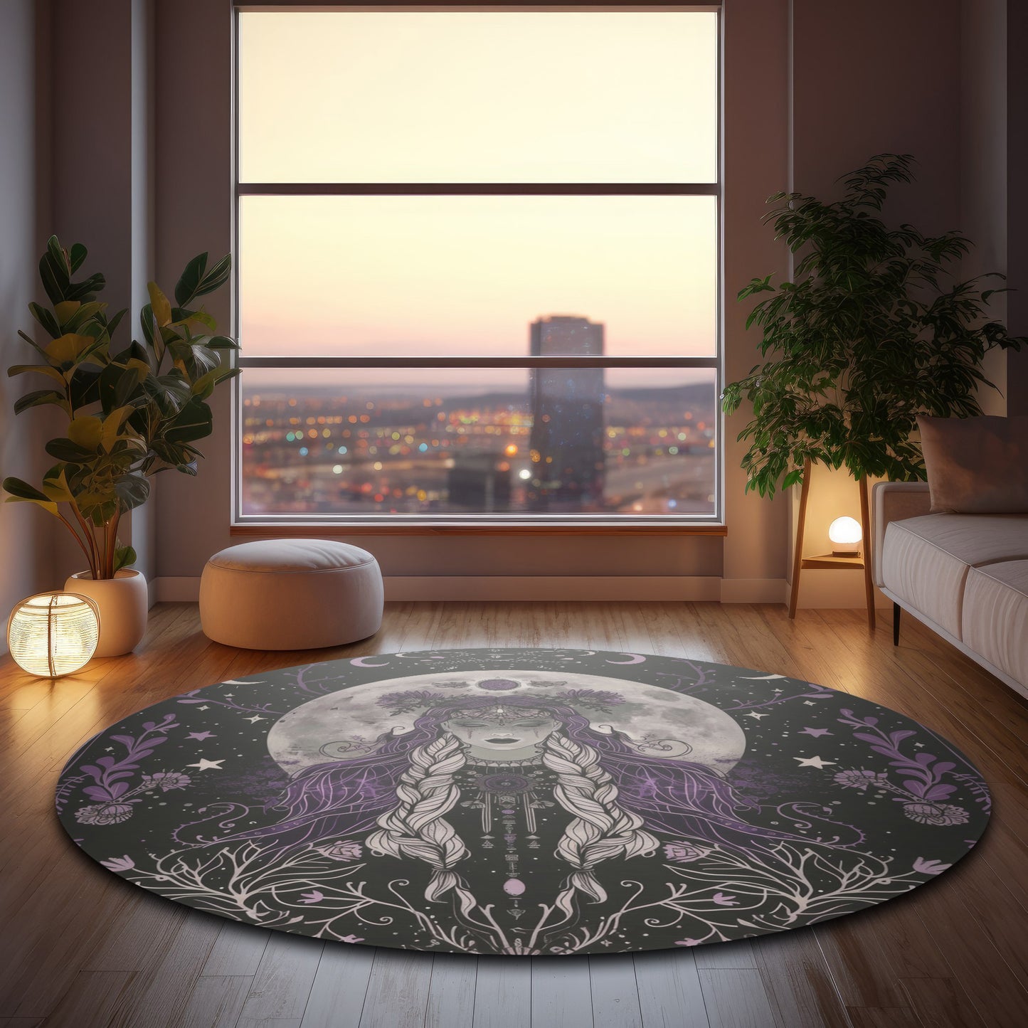 Lunar Goddess & Wildflowers Round Chenille Rug for Meditation, Living Room, and Bedroom – Full Moon and Dark Occult Design