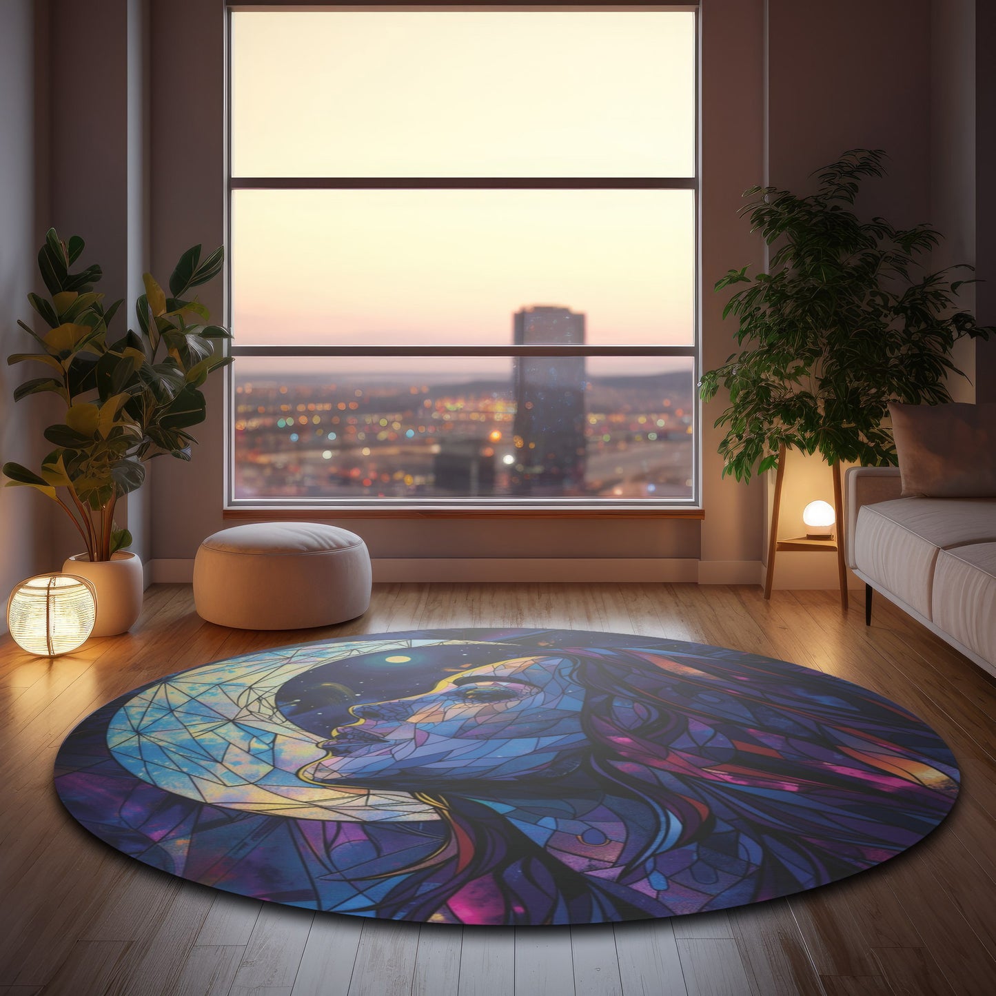 Moonlit Muse Stained Glass Chenille Round Rug, Celestial Lunar Goddess Design, Mystical Decor for Meditation & Tranquil Living Spaces