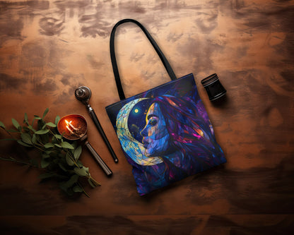 Celestial Lunar Goddess Stained Glass Tote Bag, Ethereal Night Sky Design, Artistic Carryall with Black Handles for Daily Use & Inspiration