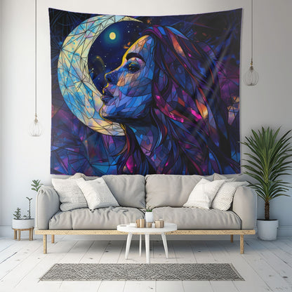 Starry-Eyed Lunar Goddess Stained Glass Wall Tapestry, Celestial Charm Decor, Enigmatic Beauty for Contemplative & Mystical Spaces