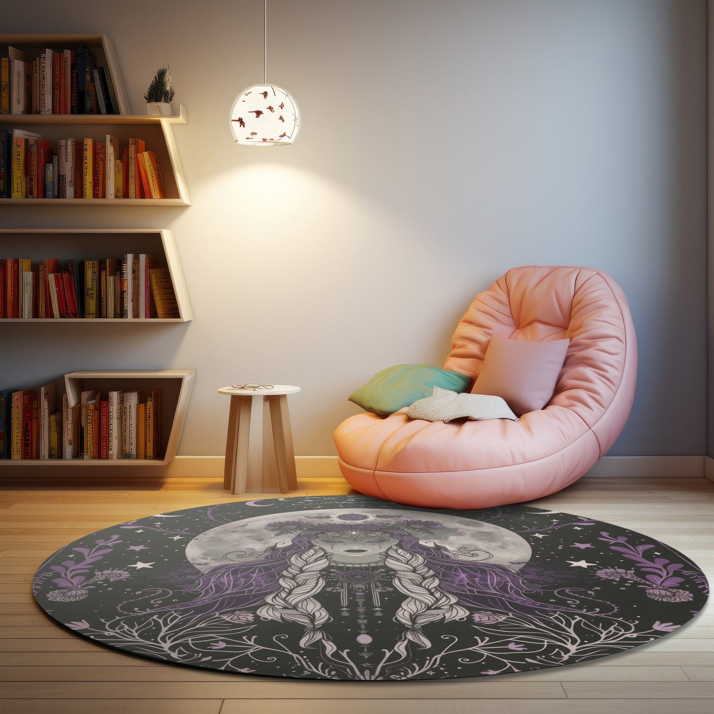 Lunar Goddess & Wildflowers Round Chenille Rug for Meditation, Living Room, and Bedroom – Full Moon and Dark Occult Design