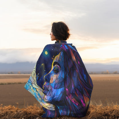 Moonlit Muse Stained Glass Double-Sided Throw Blanket, Lunar Goddess Illustration, Mystical Comfort for Nights & Cozy Spaces