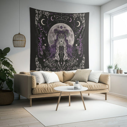 Enchanted Lunar Goddess & Wildflower Wall Tapestry – Mystical Moonlit Decor for Home & Dorm