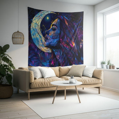 Starry-Eyed Lunar Goddess Stained Glass Wall Tapestry, Celestial Charm Decor, Enigmatic Beauty for Contemplative & Mystical Spaces