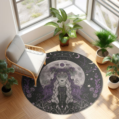 Lunar Goddess & Wildflowers Round Chenille Rug for Meditation, Living Room, and Bedroom – Full Moon and Dark Occult Design