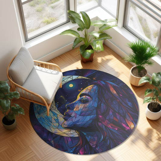 Moonlit Muse Stained Glass Chenille Round Rug, Celestial Lunar Goddess Design, Mystical Decor for Meditation & Tranquil Living Spaces