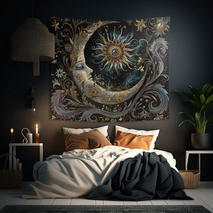 Crescent Moon & Sun Indoor Wall Tapestry – Mystical Art Nouveau and Folk Decor for Home