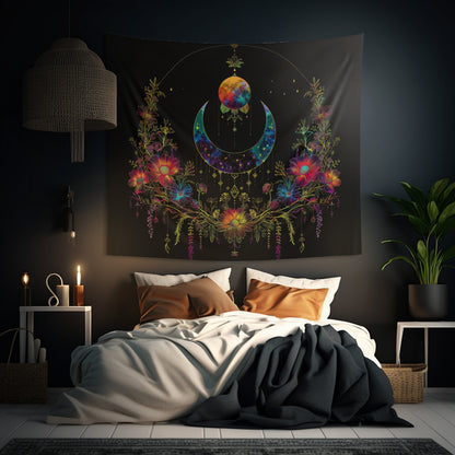 Celestial Garden Indoor Wall Tapestry, Cosmic Bloom Aesthetic, Moonlit Floral Symphony, Starlit Wilderness Design, Galactic Botanical Wall Art