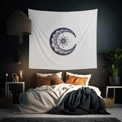 Mandala Crescent Moon Wall Tapestry, Intricate Bohemian Design, Spiritual Zen Decor for Meditation Room, Bedroom, and Living Spaces