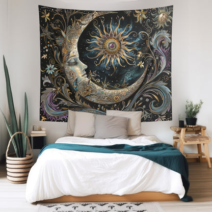 Crescent Moon & Sun Indoor Wall Tapestry – Mystical Art Nouveau and Folk Decor for Home