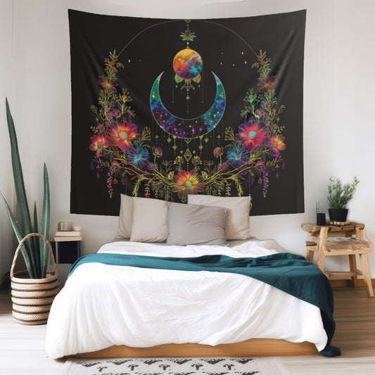 Celestial Garden Indoor Wall Tapestry, Cosmic Bloom Aesthetic, Moonlit Floral Symphony, Starlit Wilderness Design, Galactic Botanical Wall Art