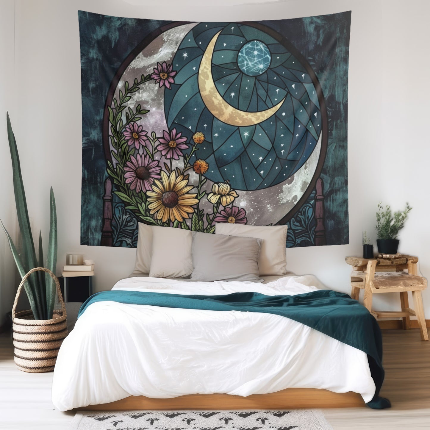 Enchanted Night Blooms & Crescent Moon Wall Tapestry, Stained Glass Style Floral Art, Mystic Decor for Peaceful & Dreamy Spaces