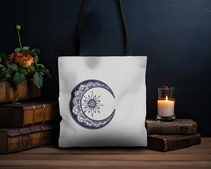 Mandala Crescent Moon Polyester Tote Bag (3 Sizes), Intricate Bohemian Design, Spiritual Zen Fashion Style, Black Handles, Celestial Aesthetic