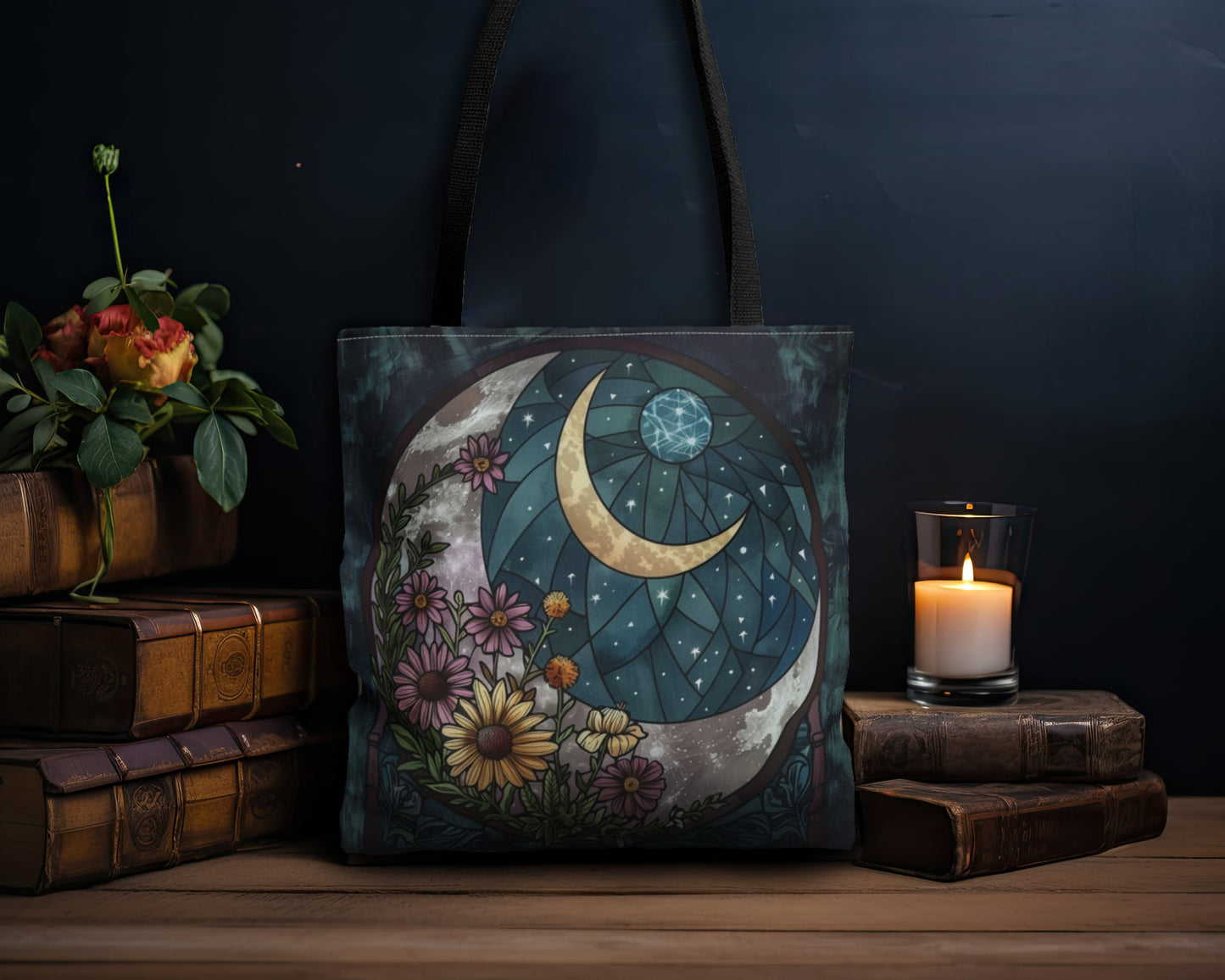 Midnight Bloom & Crescent Moon Stained Glass Tote Bag, Botanical Night Design, Stylish Carryall with Black Handles for Chic Adventures