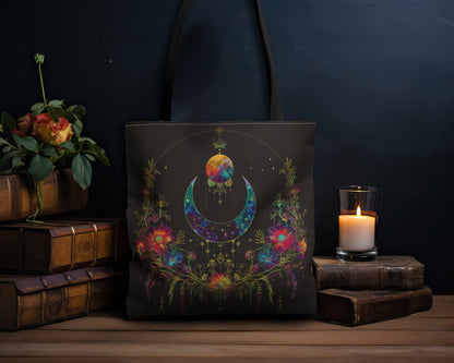 Celestial Garden Double-Sided Tote Bag, Cosmic Bloom Aesthetic, Moonlit Floral Symphony, Starlit Wilderness Design, Galactic Botanical Accessory