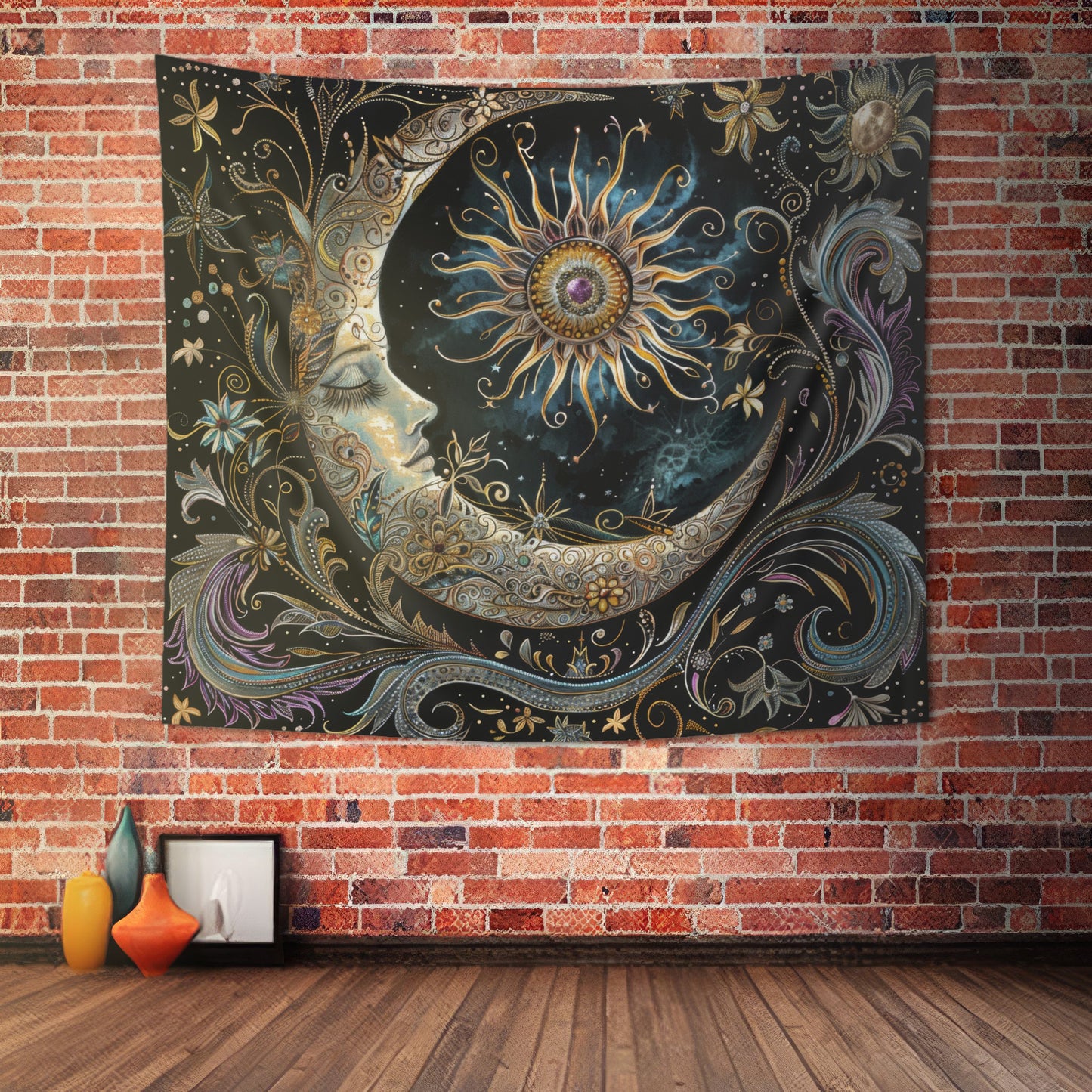 Crescent Moon & Sun Indoor Wall Tapestry – Mystical Art Nouveau and Folk Decor for Home