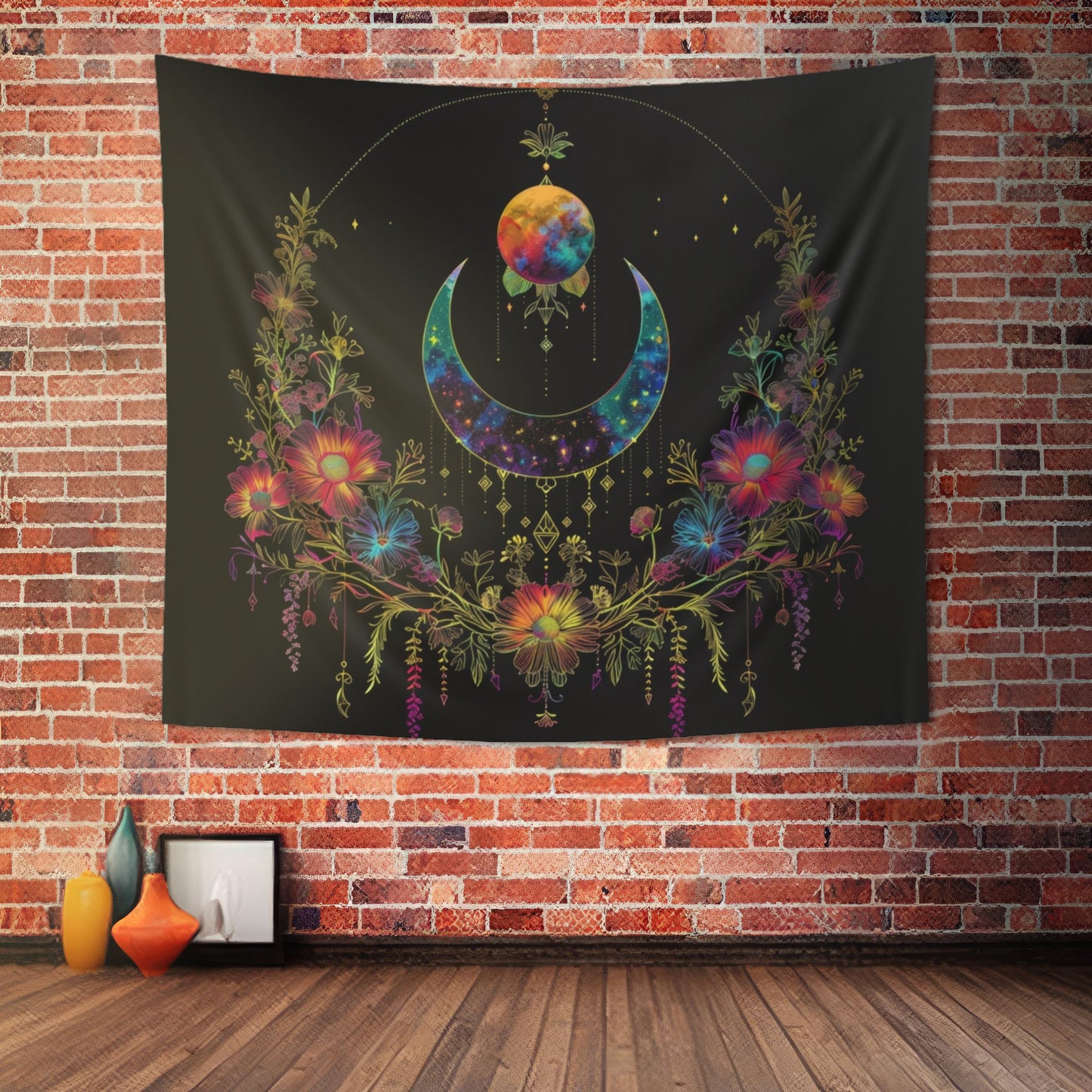 Celestial Garden Indoor Wall Tapestry, Cosmic Bloom Aesthetic, Moonlit Floral Symphony, Starlit Wilderness Design, Galactic Botanical Wall Art