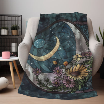 Nocturnal Blossom & Crescent Moon Stained Glass Double-Sided Throw Blanket, Starlit Floral Elegance, Soft Warmth for Evening Unwinding