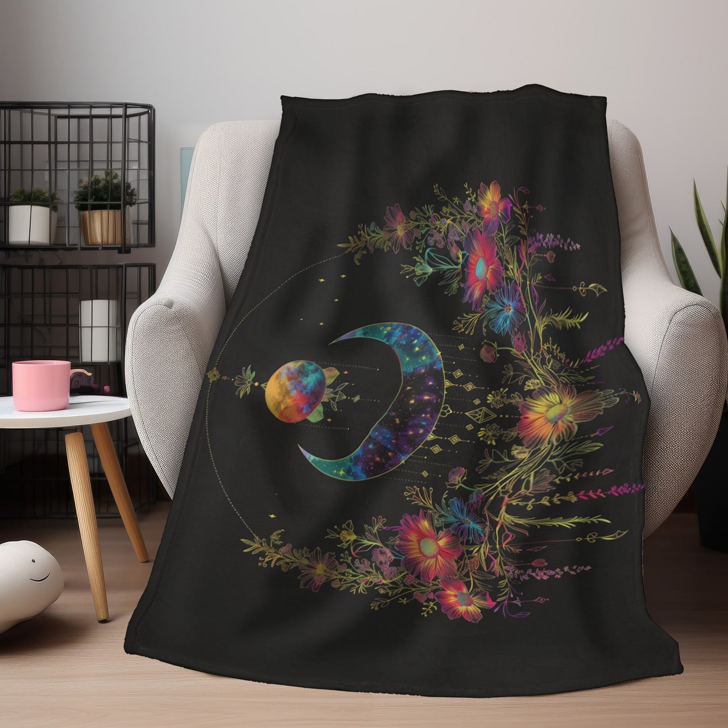 Celestial Garden Double-Sided Throw Blanket, Cosmic Bloom Aesthetic, Moonlit Floral Symphony, Starlit Wilderness Design, Galactic Botanical Art