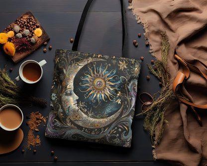 Crescent Moon & Sun Polyester Tote Bag (Double Sided), Art Nouveau and Mystical Folk Inspired, Available in 3 Sizes with Black Handles