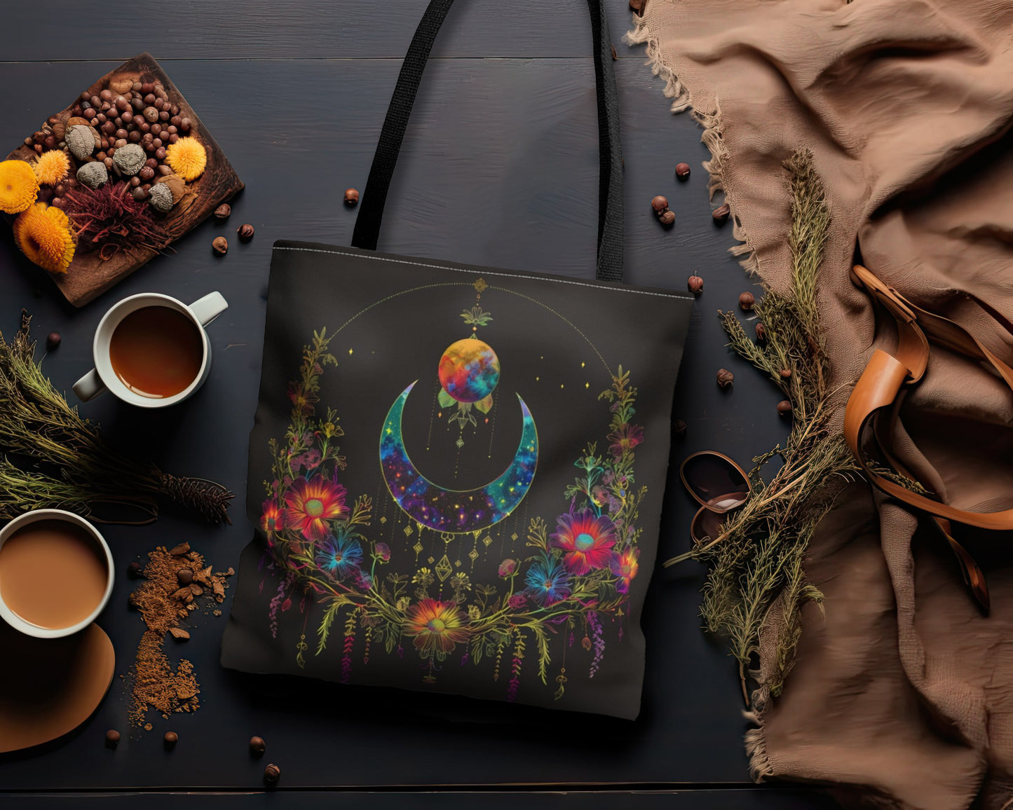 Celestial Garden Double-Sided Tote Bag, Cosmic Bloom Aesthetic, Moonlit Floral Symphony, Starlit Wilderness Design, Galactic Botanical Accessory