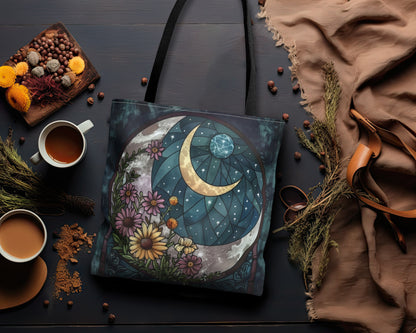 Midnight Bloom & Crescent Moon Stained Glass Tote Bag, Botanical Night Design, Stylish Carryall with Black Handles for Chic Adventures