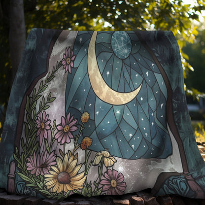 Nocturnal Blossom & Crescent Moon Stained Glass Double-Sided Throw Blanket, Starlit Floral Elegance, Soft Warmth for Evening Unwinding