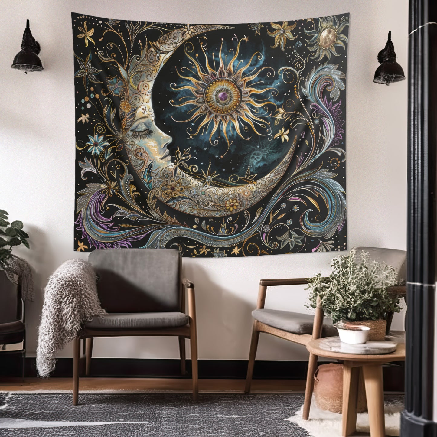 Crescent Moon & Sun Indoor Wall Tapestry – Mystical Art Nouveau and Folk Decor for Home