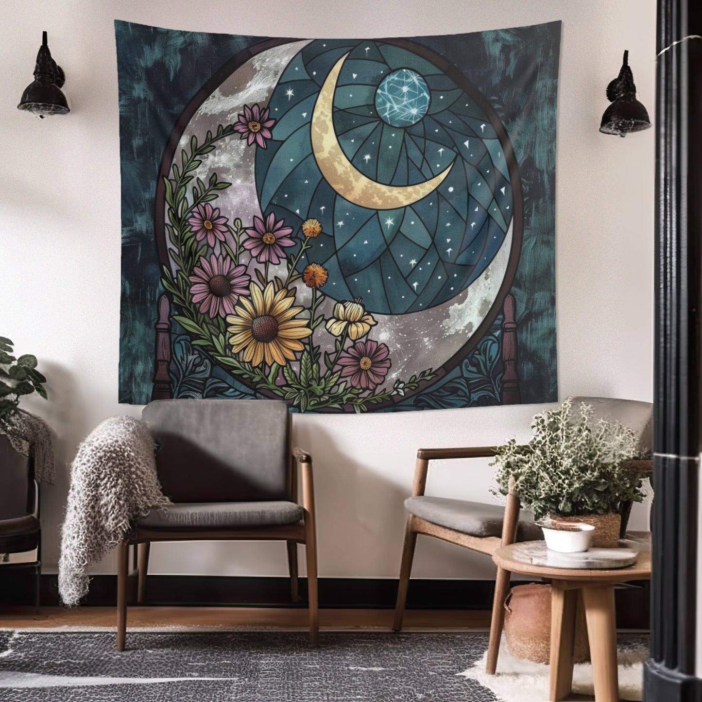 Enchanted Night Blooms & Crescent Moon Wall Tapestry, Stained Glass Style Floral Art, Mystic Decor for Peaceful & Dreamy Spaces