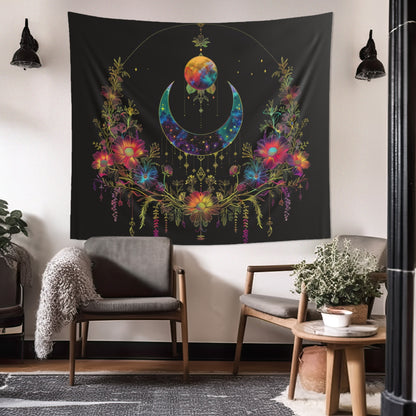 Celestial Garden Indoor Wall Tapestry, Cosmic Bloom Aesthetic, Moonlit Floral Symphony, Starlit Wilderness Design, Galactic Botanical Wall Art