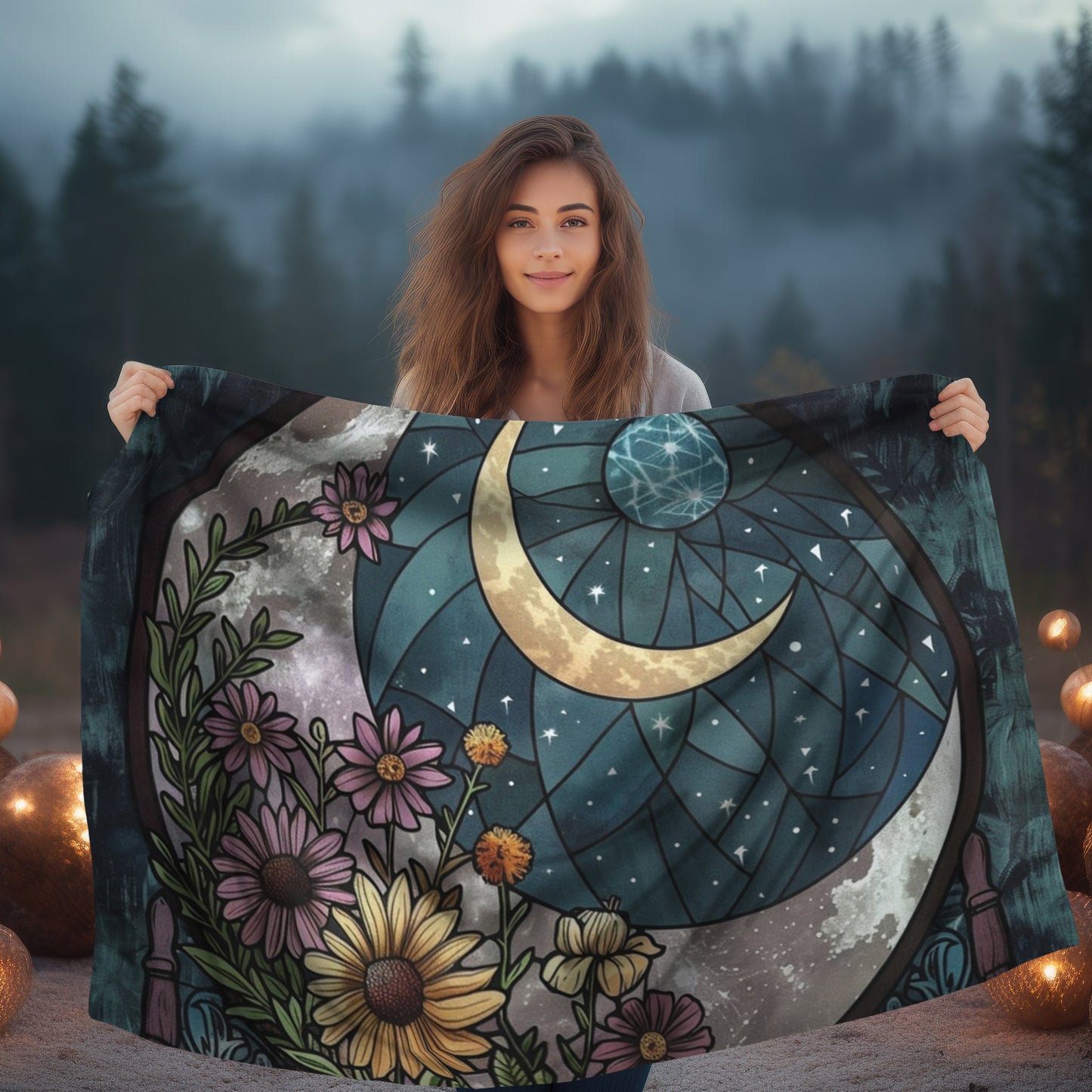 Nocturnal Blossom & Crescent Moon Stained Glass Double-Sided Throw Blanket, Starlit Floral Elegance, Soft Warmth for Evening Unwinding