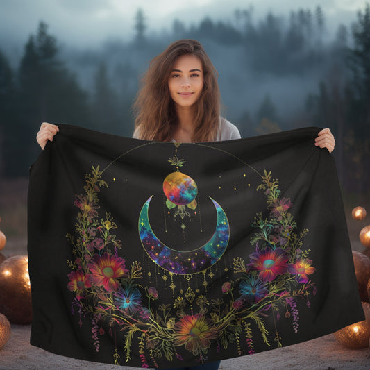 Celestial Garden Double-Sided Throw Blanket, Cosmic Bloom Aesthetic, Moonlit Floral Symphony, Starlit Wilderness Design, Galactic Botanical Art