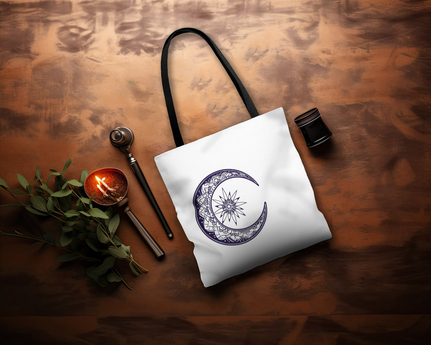 Mandala Crescent Moon Polyester Tote Bag (3 Sizes), Intricate Bohemian Design, Spiritual Zen Fashion Style, Black Handles, Celestial Aesthetic