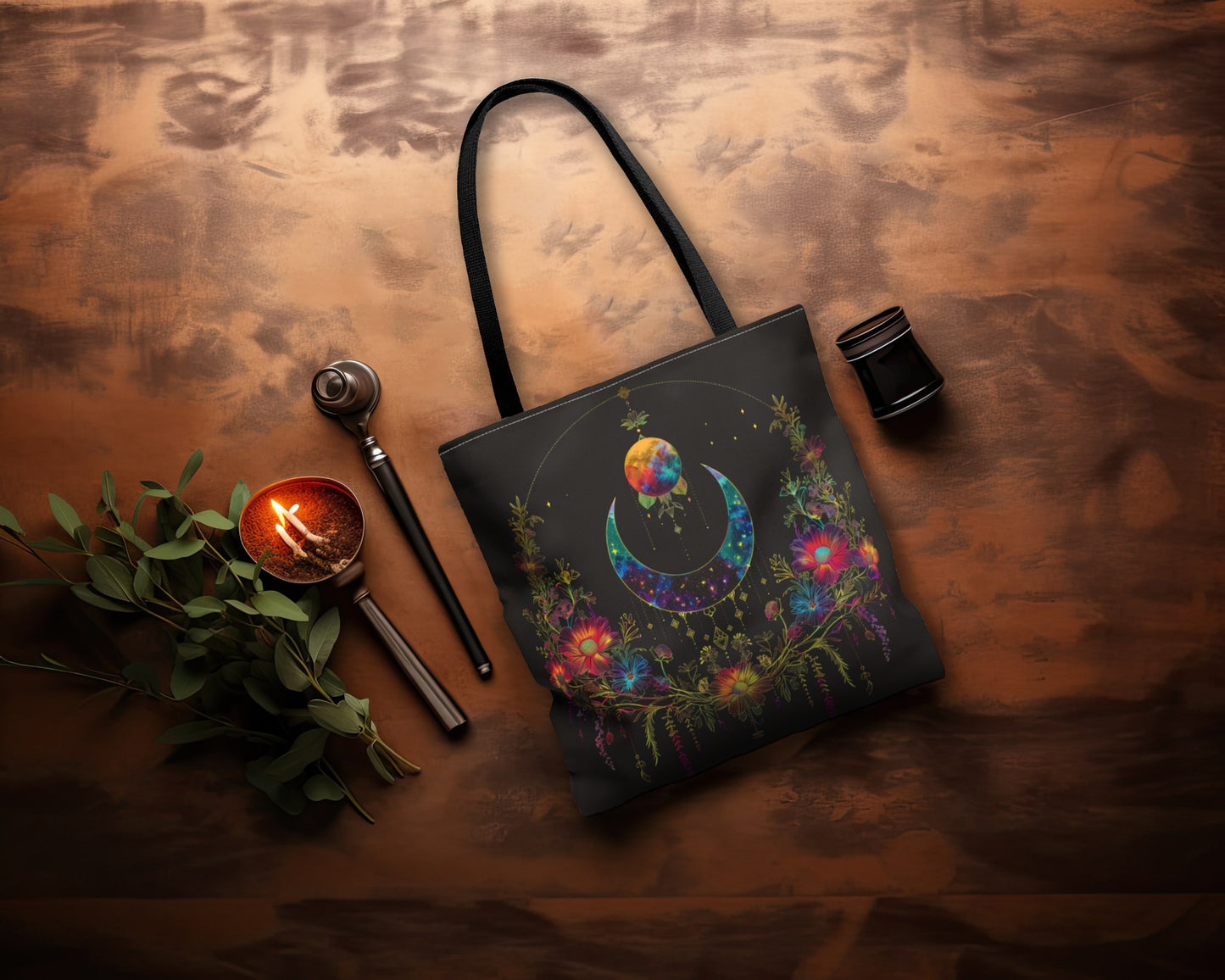 Celestial Garden Double-Sided Tote Bag, Cosmic Bloom Aesthetic, Moonlit Floral Symphony, Starlit Wilderness Design, Galactic Botanical Accessory