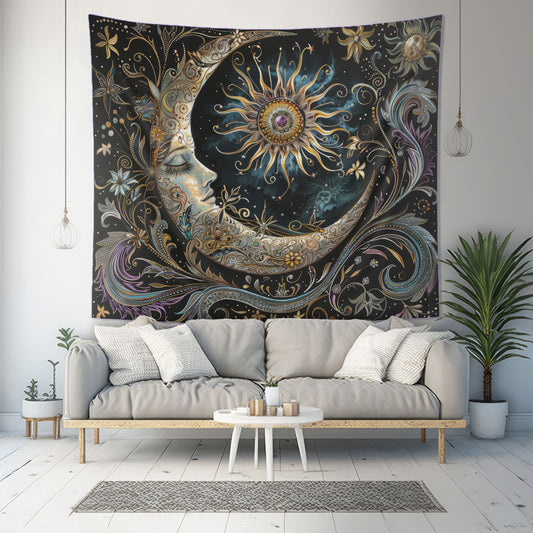 Crescent Moon & Sun Indoor Wall Tapestry – Mystical Art Nouveau and Folk Decor for Home