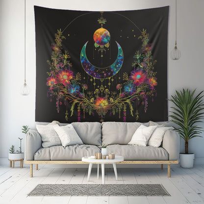 Celestial Garden Indoor Wall Tapestry, Cosmic Bloom Aesthetic, Moonlit Floral Symphony, Starlit Wilderness Design, Galactic Botanical Wall Art