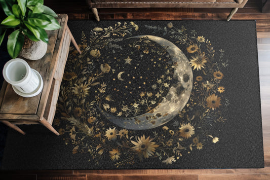 Crescent Moon & Wildflower Mandala Polyester Chenille Area Rug (3 Sizes), Dark Cottagecore Design, Lunar Lover Aesthetic Room Decor