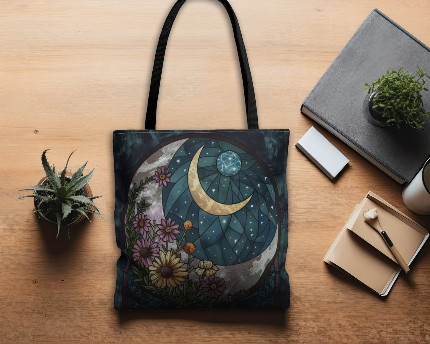 Midnight Bloom & Crescent Moon Stained Glass Tote Bag, Botanical Night Design, Stylish Carryall with Black Handles for Chic Adventures