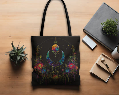 Celestial Garden Double-Sided Tote Bag, Cosmic Bloom Aesthetic, Moonlit Floral Symphony, Starlit Wilderness Design, Galactic Botanical Accessory