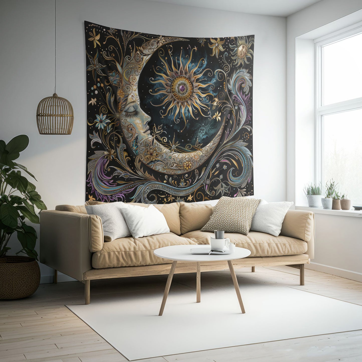 Crescent Moon & Sun Indoor Wall Tapestry – Mystical Art Nouveau and Folk Decor for Home