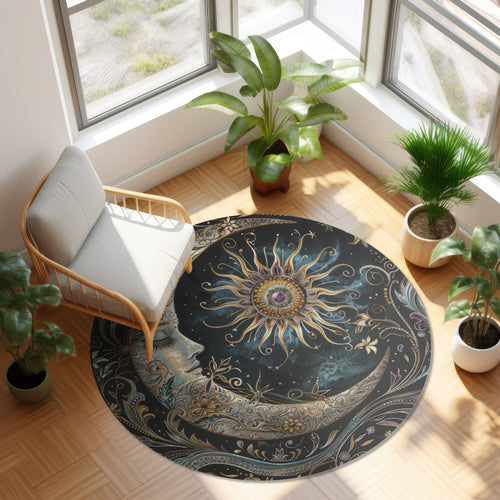 Crescent Moon & Sun Chenille Round Area Rug, Dark Cottagecore Folk Design, Art Nouveau Bedroom, Living and Meditation Space Decor