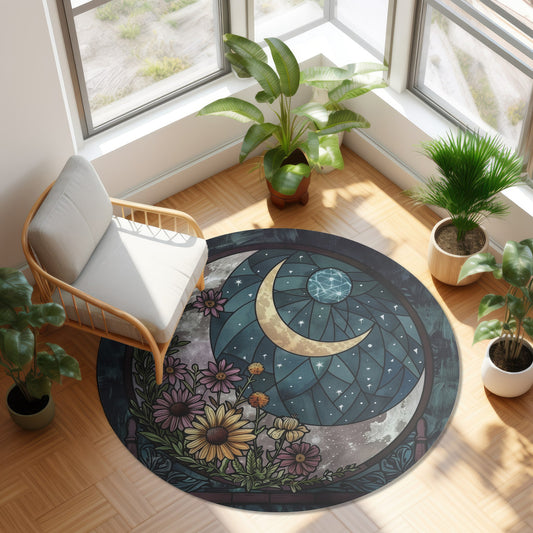 Crescent Moon and Blooms Stained Glass Chenille Rug, Enchanted Night Floral Circle Mat, Serene Home Decor for Living and Sleep Spaces